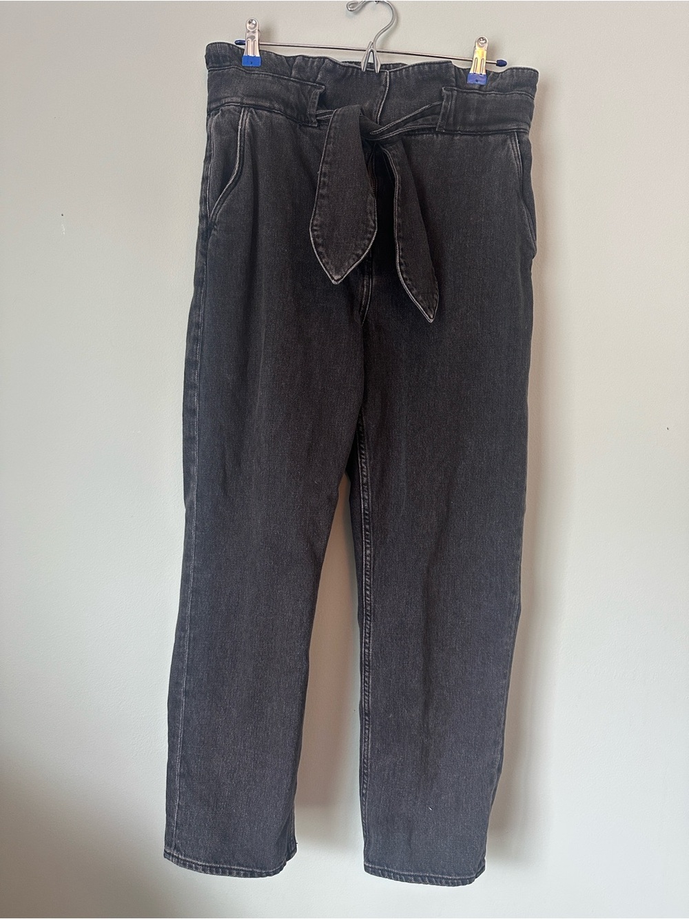 Black Paper Bag Waist Whimsigoth Straight Leg Denim with Front Tie, Size 10